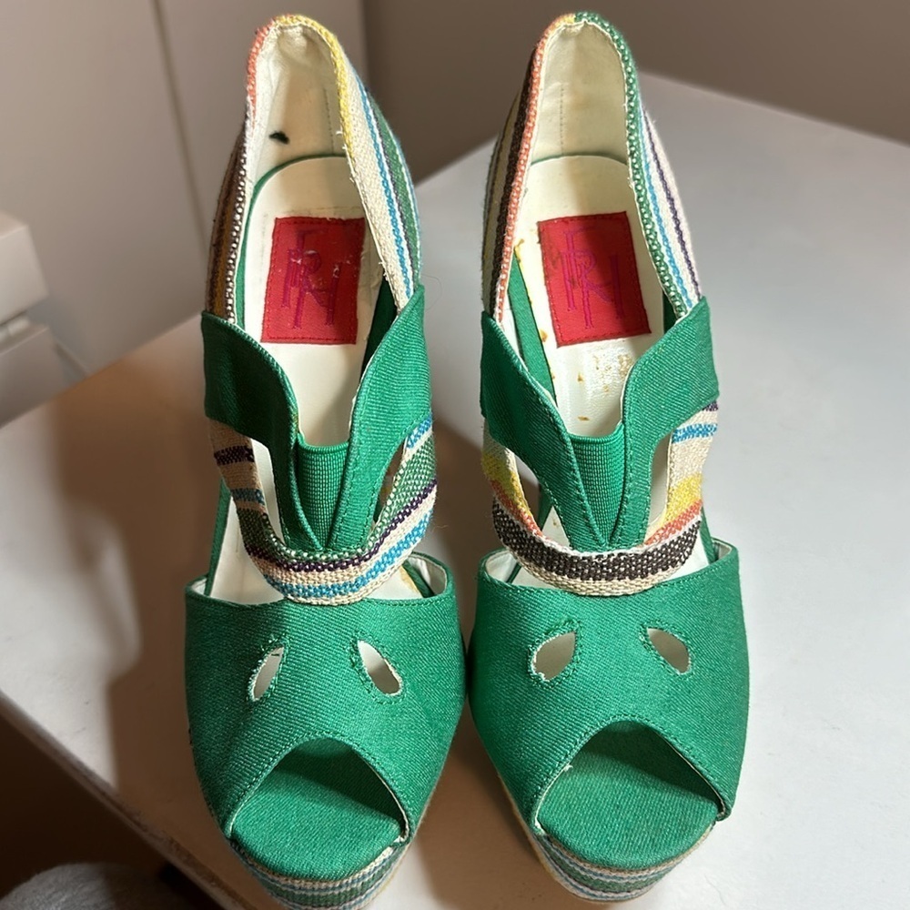 🔥Women's Fahrenheit green denim block color open toe stiletto heels size 7 - Picture 6 of 14